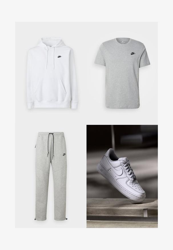 Weißes Kapuzen-Sweatshirt mit Kängurutasche vorne, Kordelzug an der Kapuze und kleinem schwarzen Nike-Logo auf der linken Brust.; Graues T-Shirt mit kurzen Ärmeln aus Baumwolle, mit einem schwarzen Nike-Logo auf der Brust und einem runden Ausschnitt. Minimalistisches Design ohne Muster.; Graue Nike Sweatpants mit einem Kordelzugbund, Seitentaschen und elastischen Bündchen. Sie haben eine glatte Textur und ein kontrastierendes schwarzes Logodetail.; Weißer Nike Air Force 1 Sneaker aus Leder mit perforierter Zehenpartie, flachen Schnürsenkeln und strukturierter Gummisohle mit "AIR"-Branding an der Seite.
