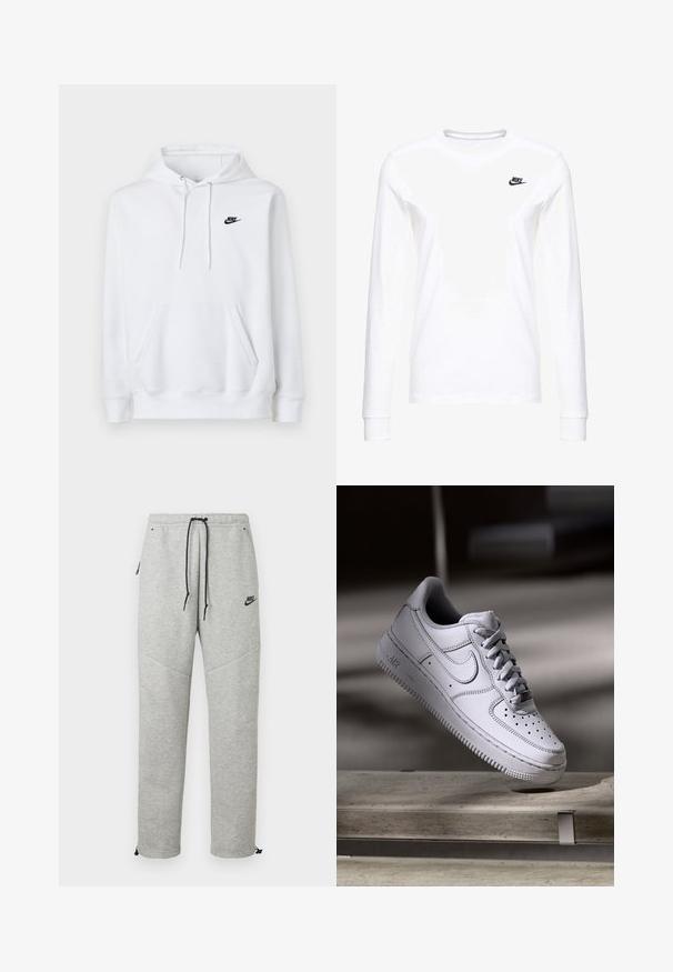 Witte hoodie met voorzak, trekkoord in de kap en klein zwart Nike-logo op de linkerborst.; Witte lange mouwen T-shirt van katoen, met een klein zwart Nike-logo op de linkerkant van de borst en een ronde halslijn. Gladde textuur.; Grijze Nike trainingsbroek met een verstelbare tailleband, zijzakken en elastische boorden. Heeft een soepele textuur en contrasterende zwarte logo-details.; Witte Nike Air Force 1 sneaker van leer met geperforeerde neus, platte veters en een gestructureerde rubberen zool met "AIR"-logo aan de zijkant.