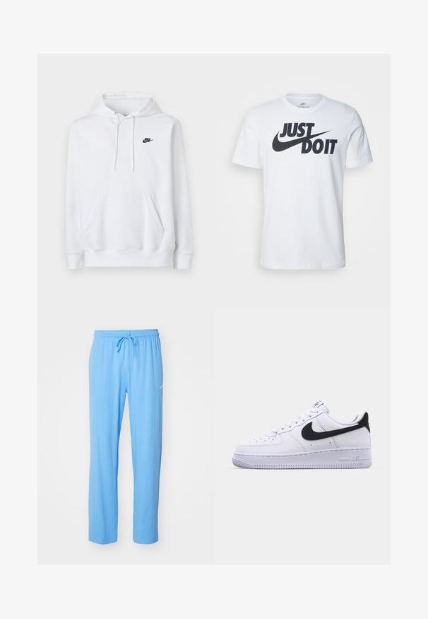Valge kapuutsiga dressipluus ees tasku, kapuutsil paelad ning väike must Nike logo vasakul rinnal.; Valge puuvillane T-särk, millel on silmapaistev must "Just Do It" logo ja Nikei suss. Klassikaline ümmargune kaelus ja lühikesed varrukad.; Heledad sinised dressipüksid pehmest kangast, millel on elastne vöökoht koos paelaga ja väike logoaktsent puusa lähedal.; Valge nahast toss musta tekstuuriga Swooshiga, lamedate nööridega ja kummist tallaga, millel on sooneline muster. "AIR" on reljeefne kandadel.