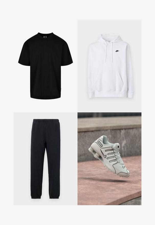 Weißes Kapuzen-Sweatshirt mit Kängurutasche vorne, Kordelzug an der Kapuze und kleinem schwarzen Nike-Logo auf der linken Brust.; Schwarzes T-Shirt aus Baumwolle, mit Rundhalsausschnitt und kurzen Ärmeln in lockerer Passform. Einfaches Design, ohne Muster oder Grafiken.; Schwarze Jogginghosen mit elastischem Bund und schmal zulaufenden Knöcheln; aus weichem, dehnbarem Stoff gefertigt, mit einem minimalistischen Design ohne Muster.; Weißer Nike Shox Sneaker mit schwarzem Logo und gepolsterter Sohle, in der Luft über einer rosafarbenen Betonfläche positioniert.