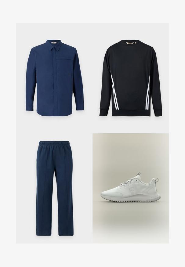 Sort langærmet atletisk sweatshirt med to hvide, lodrette striber på hver side og et lille præget logo på brystet.; Marineblå langærmet skjorte med knapkrave, enkelt brystlomme og en ren, glat tekstur. Har et lille logo på lommen.; Marineblå bukser med elastisk talje og afslappet pasform. Har vertikale syninger og blød bomuldsstruktur.; Hvid lavtop atletiksko med tekstureret sål, snørebånd foran og "cK" logo på siden, vist i profil på en neutral baggrund.