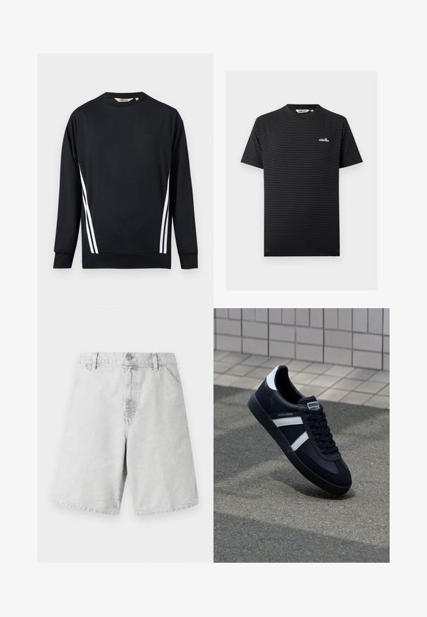 Zwarte atletische sweatshirt met lange mouwen, met aan elke kant twee witte verticale strepen en een klein reliëflogo op de borst.; Zwart en donkergrijs horizontaal gestreept kortärmelig T-shirt met klein wit Ellesse-logo op de linkerborst en een ronde hals.; Lichtgrijze katoenen shorts met een klassieke snit, voorzien van een ritssluiting, riemlussen en zijzakken. Gladde textuur met een eenvoudig ontwerp.; Zwarte leren sneaker met witte strepen, een gestructureerde rubberen zool en vetersluiting aan de voorkant. Voorzien van een merklabel op de tong.