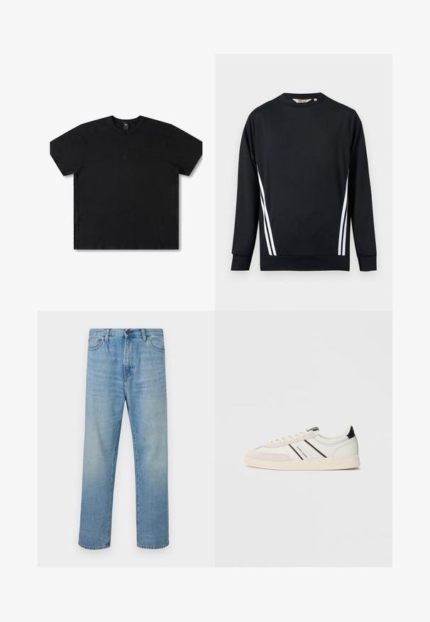 Sort langærmet atletisk sweatshirt med to hvide, lodrette striber på hver side og et lille præget logo på brystet.; Sort kortærmet t-shirt lavet af bomuld med rund hals, med et diskret logo i midten og en afslappet pasform.; Lyseblå straight-leg jeans med fem lommer og knappelukning, vist fladt på en hvid baggrund.; Hvide sneakers med beige ruskindsdetaljer, sorte og blå striber, samt en tekstureret gummisål. Har branding på siden og tungen.