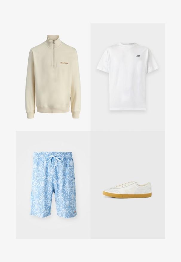 Crème-kleurige trui met lange mouwen, een kwart ritssluiting aan de voorkant en "Originals Studio" in het bruin geborduurd op de linkerborst.; Witte T-shirt met korte mouwen en ronde hals met een klein zwart New Balance-logo op de linker bovenkant van de borst op een effen lichte achtergrond.; Lichtblauwe zwembroek met een wit abstract patroon, elastische tailleband en trekkoord. Logo aan de voorkant links en zijsplitten aan de zoom.; Witte leren sneaker met een gladde textuur, voorzien van een beige 'V' logo, ronde neus, vetersluiting en een zool van gumrubber.