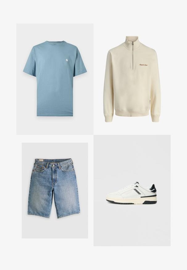 Crème-kleurige trui met lange mouwen, een kwart ritssluiting aan de voorkant en "Originals Studio" in het bruin geborduurd op de linkerborst.; Lichtblauw T-shirt met korte mouwen en ronde hals, met een klein wit logo op de linkerborst, weergegeven tegen een effen achtergrond.; Leren denim shorts in lichtblauw met een klassieke snit. Bevat vijf zakken, oranje stikselaccenten en ruwe zoomranden.; Witte lage sneaker met zwarte accenten, crèmewitte zool, veters, en de tekst "Jeans Pepe" op het zijpaneel.