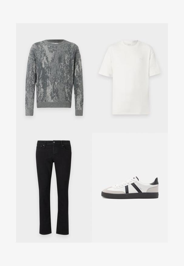 Grå trøje med et struktureret mønster i forskellige nuancer af grå, rund hals, lange ærmer og ribkantede manchetter og kant.; Hvid bomulds t-shirt med en afslappet pasform, rund halsudskæring, korte ærmer og et diskret logo på brystet. Glat tekstur, minimalistisk design.; Sorte denimjeans med lige snit, fem-lomme design, metalknaplukning og minimal syning. Glat tekstur hele vejen igennem.; Hvide sneakers med sorte og grå detaljer, med en tekstureret grå tåhætte, sort gummisål og flade hvide snørebånd. Rent design, minimalistisk stil.