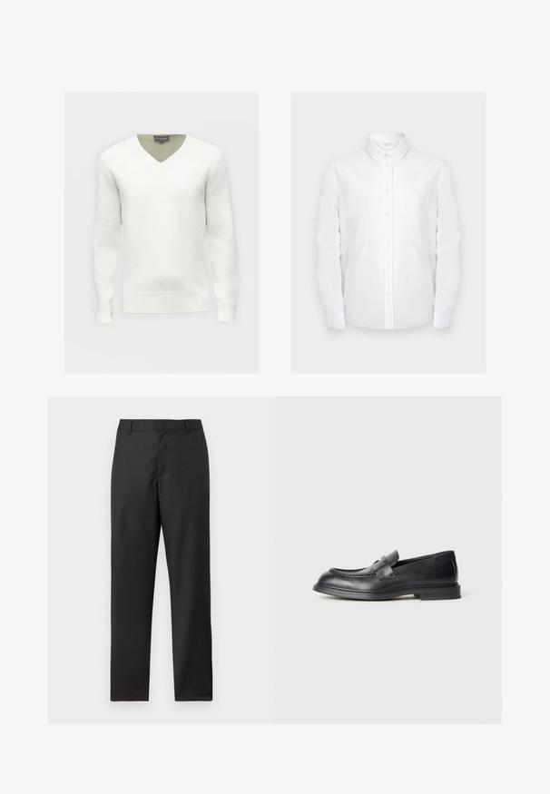 Pull en coton blanc texturé avec col en V et manches longues. Présente un col vert contrastant ainsi que des poignets et un ourlet côtelés.; Chemise blanche à manches longues avec col pointu et poche poitrine, présentée sur un fond gris clair uni.; Pantalon de costume noir à jambes droites, passants pour ceinture et fermeture frontale dissimulée, présenté sur un fond blanc.; Mocassins en cuir noir avec une finition texturée, dotés d'une bride décorative à l'avant et d'un bout arrondi. Semelle en caoutchouc pour plus de durabilité.