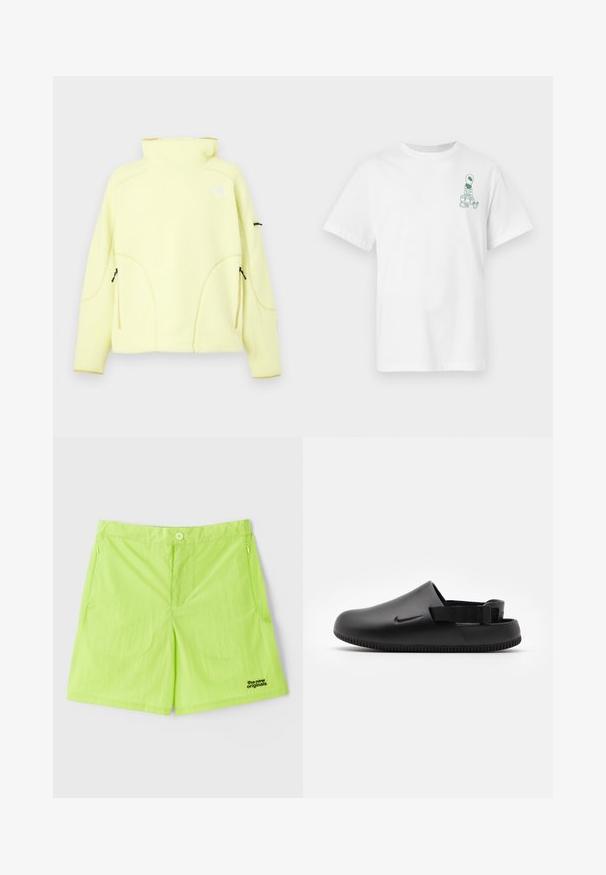 Hellgelbe Fleecejacke mit hohem Kragen, zwei vorderen Reißverschlusstaschen und einem kleinen Logo auf der linken Brust sowie der Tasche am linken Ärmel.; Weißes kurzärmliges T-Shirt mit kleiner grüner Alien-Grafik, die Taschen auf der linken Brustseite trägt.; Neon-grüne Shorts aus leichtem Stoff, mit einem Knopfverschluss, zwei seitlichen Taschen und einem Logo auf der unteren rechten Seite.; Schwarze geformte Clogs mit glatter Textur, einem Hinterriemen für Stabilität und einer geriffelten Sohle für Grip. Mit kleinem Logo an der Seite.