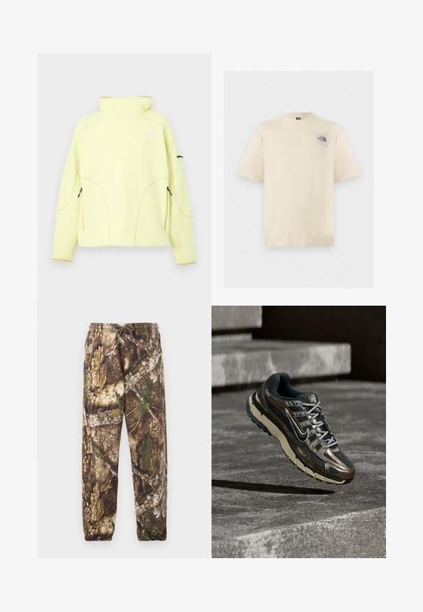 Lys gul fleecejakke med høj krave, to lynlåslommer foran og en lille logo på venstre bryst og venstre ærmelomme.; Beige T-shirt med korte ærmer, lille lilla logo og abstrakt design på øverste venstre bryst med teksten "The North Face."; Camo sweatpants med et brunt og grønt naturligt mønster, der har en elastisk talje med snore og elastiske manchetter ved anklerne.; Mørk metallisk og sort Nike løbesko med beige sål, der svæver over grå betontrapper.
