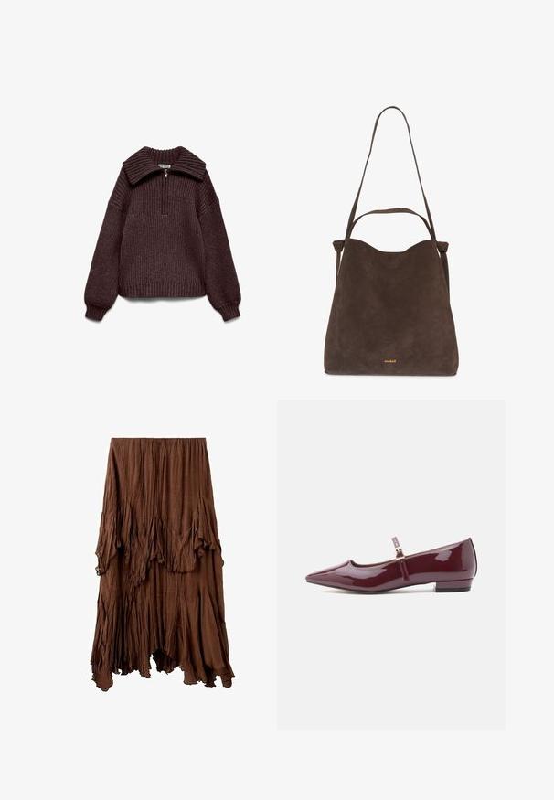 Pull zippé en maille de couleur marron foncé, avec un col et un corps côtelés, des manches larges et une coupe courte. Tissu texturé sur toute la surface.; Jupe marron froissée avec un ourlet asymétrique et des détails de tissu superposés et drapés créant un effet texturé et fluide.; Ballerines vernies bordeaux avec un bout pointu, un talon plat et une bride avec un petit détail de boucle.; Sac cabas en daim marron foncé avec deux poignées, une courte et une longue, petit logo doré "soaked" près du bas au centre.