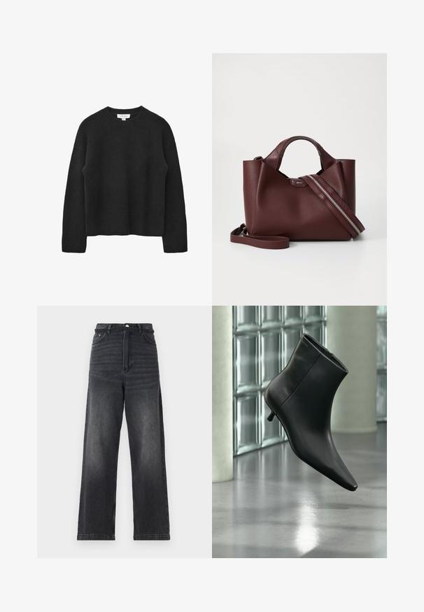 Pull noir à col rond avec manches longues, poignets et ourlet côtelés, texture douce en maille et petite étiquette blanche au niveau de l'encolure.; Jeans en denim noir à jambes larges avec une taille haute, dotés d'une fermeture à bouton, de cinq poches et d'un léger délavage le long des jambes.; Bottine en cuir noir à bout pointu et petit talon kitten, présentée en angle devant un sol poli et un mur en blocs de verre.; Sac à main en cuir bordeaux avec une finition texturée, deux poignées courtes et une bandoulière amovible dotée d'un détail de fermeture éclair en argent.