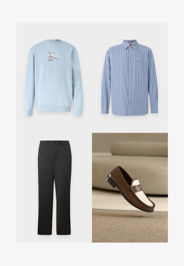 Hellblauer Pullover mit kleinem Motiv einer Person, die ein pinkfarbenes Tuk-Tuk fährt, und dem Schriftzug "Easy Driver" auf der Brust.; Hellblaues Langarmhemd mit vertikalen weißen und dunkelblauen Streifen, Button-Down-Kragen, Brusttasche und vorderen Knöpfen.; Schwarze, gerade geschnittene Hose mit glatter Textur, ausgestattet mit einem Kordelzugbund und einem subtilen, leichten Stoff.; Brauner und weißer Ledermokassin, der über einem beigen Teppich schwebt, mit einem verschwommenen beigen Sofa im Hintergrund.