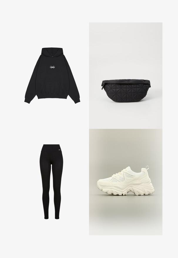 Pegador BELLY OVERSIZED HOODIE - Hættetrøje - washed black; Sorte leggins med høj talje, strækbart stof, glat tekstur og en tætsiddende pasform, der er velegnet til casual eller atletisk brug.; Hvid chunky sneaker med tyk tekstureret sål, mesh paneler, snørelukning foran og trækstrop ved hælen på en neutral baggrund.; Sort quiltet taske med en blød, polstret tekstur og et vinkelret diamantmønster, med en buet silhuet og lynlåslukning.