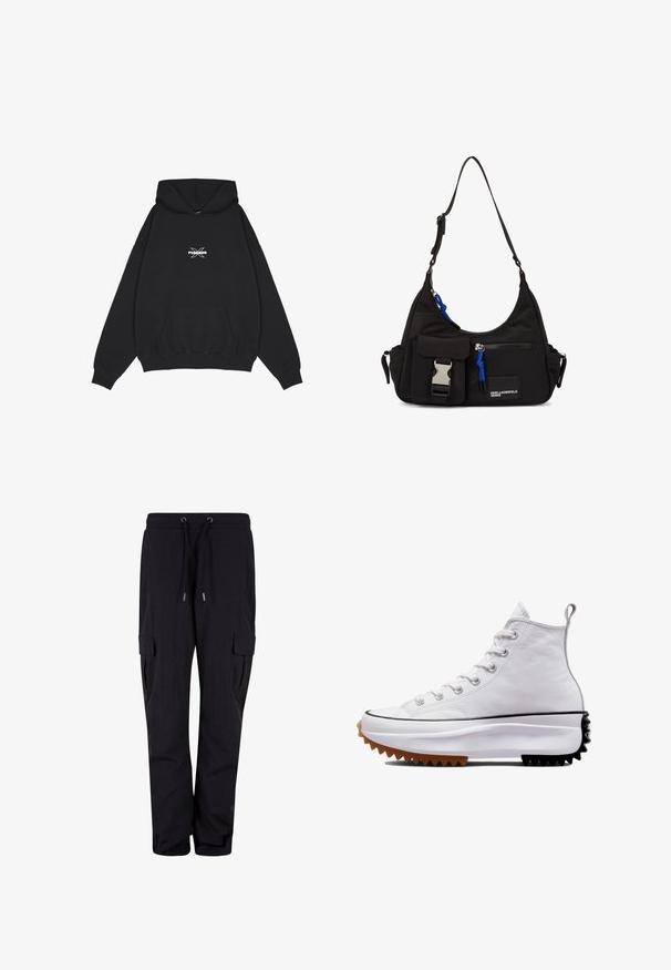 Pegador BELLY OVERSIZED HOODIE - Jersey con capucha - washed black; Pantalones cargo negros de tejido suave, con cintura elástica y cordones, y bolsillos laterales. Diseño de pierna recta.; Zapatilla alta de cuero blanco con una suela gruesa texturizada; acentos en negro y goma marrón; cuenta con seis ojales y una pestaña en el talón.; Bolso de hombro negro de nylon con forma curvada, correa ajustable, bolsillo frontal con cierre, acento azul y detalle de logo.