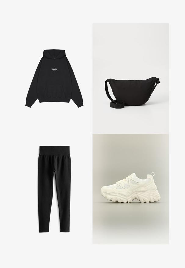 Pegador BELLY OVERSIZED HOODIE - Jersey con capucha - washed black; Leggings negras acanaladas con una ancha cinturilla elástica. La tela parece elástica y texturizada, terminando justo por encima del tobillo.; Zapatilla blanca gruesa con suela gruesa y texturizada, paneles de malla, cierre de cordones en la parte delantera y tira en el talón sobre un fondo neutro.; Bolso hobo negro de tela suave, con forma curva, cierre de cremallera y una amplia correa ajustable. Textura suave sin patrones.