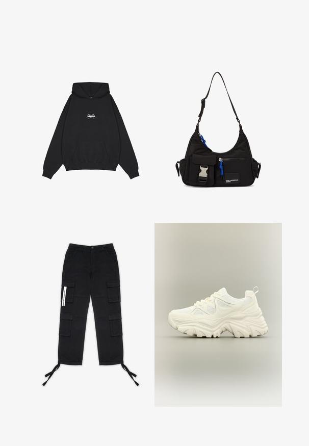 Pegador BELLY OVERSIZED HOODIE - Hoodie - washed black; Pegador TANAMI WIDE PANTS - Cargobroek - black; Witte chunky sneaker met dikke textuurrijke zool, mesh panelen, veters aan de voorkant en een treklipje aan de hiel op een neutrale achtergrond.; Zwarte nylon schoudertas met een gebogen vorm, verstelbare schouderriem, voorvak met sluiting, blauwe accenten en logo-detail.