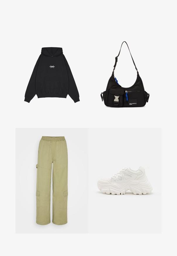 Pegador BELLY OVERSIZED HOODIE - Hoodie - washed black; Cotton On QUINN PANT - Cargobroek - moss green; Witte chunky sneakers met een textuur bovenwerk, meshpanelen en dikke rubberen zolen met een uitgesproken profiel. Inclusief veters en een aantreklip.; Zwarte nylon schoudertas met een gebogen vorm, verstelbare schouderriem, voorvak met sluiting, blauwe accenten en logo-detail.