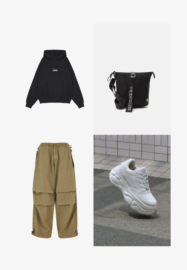 Pegador BELLY OVERSIZED HOODIE - Hættetrøje - washed black; Beige cargo bukser med elastisk talje, store forlommer og justerbare manchetter. Lavet af letvægtsmateriale med en glat tekstur.; Hvide lædersneakers med en kraftig sål, teksturerede detaljer og snørelukning. Har formede accenter og en glat finish.; Sort nylon skuldertaske med lynlåslukning, tekstureret rem med et mønster og logoetiket på forsiden. Justerbar rem inkluderet.