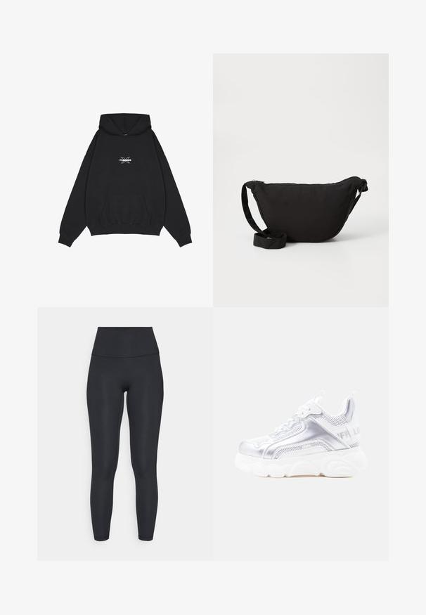Pegador BELLY OVERSIZED HOODIE - Sweat à capuche - washed black; adidas Performance ALL ME SCULPT - Leggings - black; Baskets épaisses blanches et argentées avec une semelle texturée épaisse, des panneaux en mesh et synthétiques, un bout arrondi et une languette à l'arrière.; Sac hobo noir en tissu doux, avec une forme courbée, une fermeture éclair et une large sangle réglable. Texture lisse sans motifs.