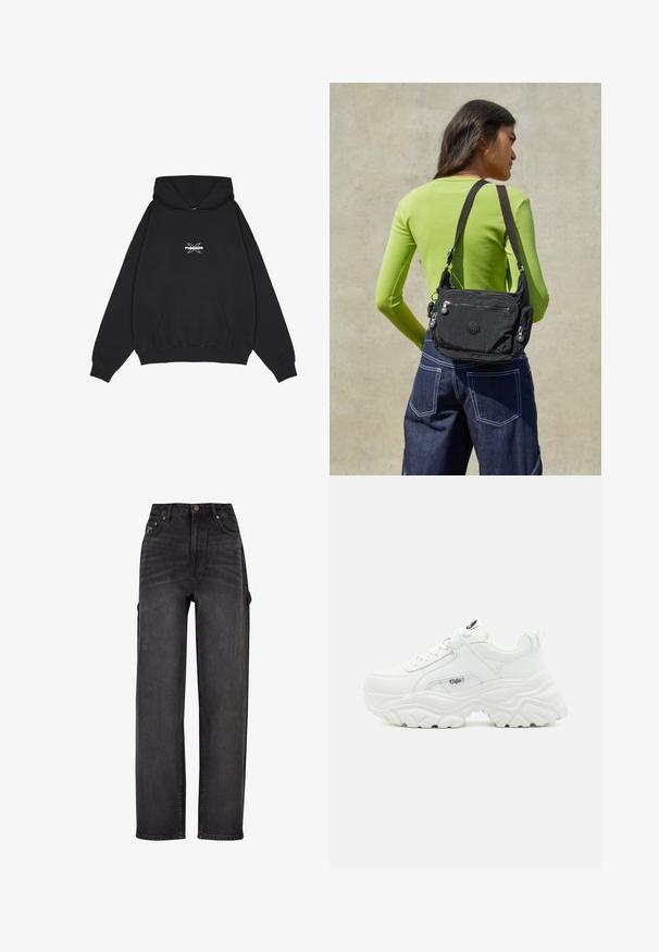 Pegador BELLY OVERSIZED HOODIE - Hættetrøje - washed black; Højtaljede cargo jeans i sort denim med vid ben-design, sidelommer og subtile falmning detaljer. Holdbart stof og kontraststik.; Hvide chunky sneakers med en glat læderoverdel, rund tå og tyk tekstureret sål med et synligt brandlogo på siden.; Sort nylon crossbody taske med to lynlåslommer, justerbar rem og logo detalje. Modellen bærer en tætsiddende grøn top og blå denimbukser.