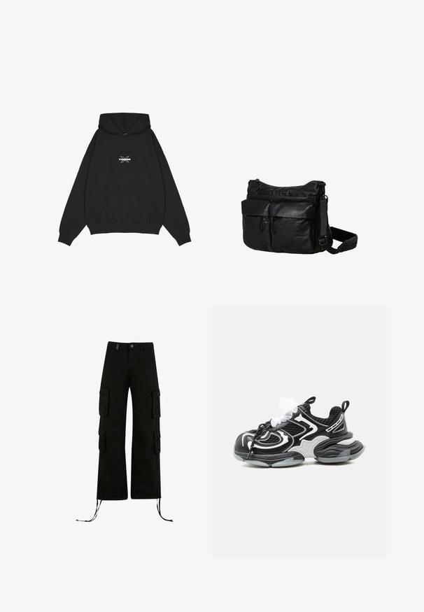 Pegador BELLY OVERSIZED HOODIE - Kapuzenpullover - washed black; Schwarze Cargo-Hosen mit einer lockeren Passform, ausgestattet mit Cargo-Taschen an den Seiten, Kordelzügen am Saum und einem Knopfverschluss an der Taille.; Schwarz-weißer klobiger Sneaker mit Mesh-Obermaterial, dicker gepolsterter Sohle und zweifarbigen Schnürsenkeln vor einfarbigem Hintergrund.; Schwarze Umhängetasche aus strapazierfähigem Material, mit einem Hauptzipperfach, zwei Vorderfächern, verstellbarem Tragegurt und dezentem Branding.