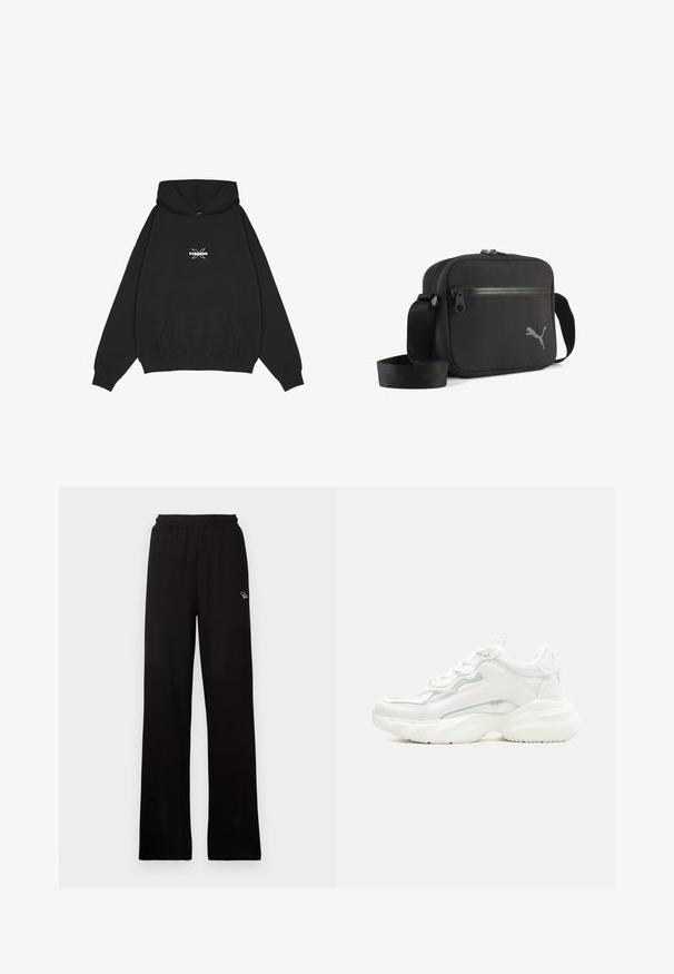 Pegador BELLY OVERSIZED HOODIE - Kapuzenpullover - washed black; Schwarze, gerippte, weit geschnittene Hose mit elastischem Bund und kleinem dekorativem Logo, aus einem glatten Material mit langem Design.; Weißer klobiger Sneaker mit dicker Sohle, Schnürverschluss vorne und glattem, synthetischem Obermaterial mit dezenten Steppnähten.; Schwarze Schultertasche aus Stoff mit rechteckiger Form, ausgestattet mit einem Reißverschluss, strukturierter Oberfläche und einem grau gestickten Logo auf einer Seite.
