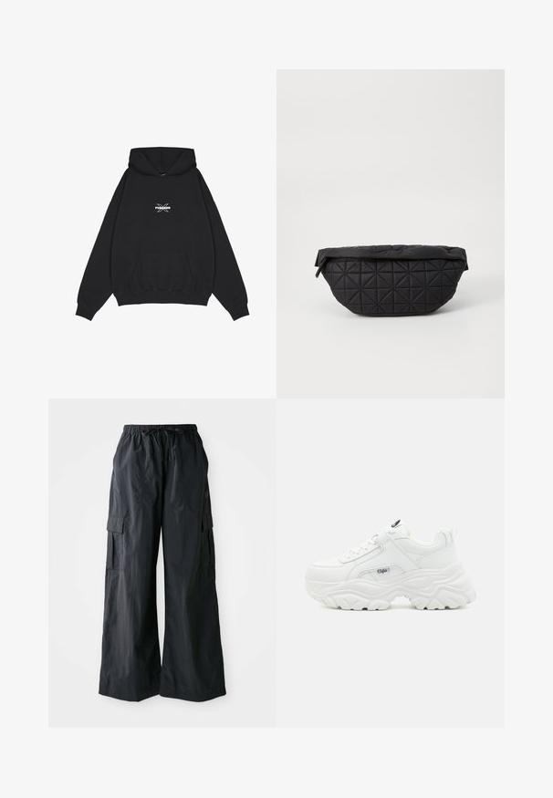 Pegador BELLY OVERSIZED HOODIE - Hættetrøje - washed black; Sorte cargo-bukser lavet af letvægtigt stof, med vidde i benene, elastisk talje og flere sidelommer. Enkle og funktionelle.; Hvide chunky sneakers med en glat læderoverdel, rund tå og tyk tekstureret sål med et synligt brandlogo på siden.; Sort quiltet taske med en blød, polstret tekstur og et vinkelret diamantmønster, med en buet silhuet og lynlåslukning.
