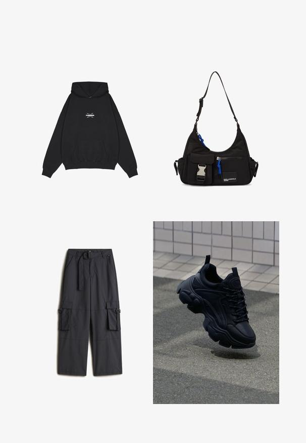 Pegador BELLY OVERSIZED HOODIE - Jersey con capucha - washed black; Pantalones cargo de un gris oscuro, hechos de una tela ligera, que cuentan con un cinturón de hebilla redonda, dos bolsillos laterales y dos bolsillos cargo.; Zapatilla negra de cuero con un diseño robusto, que cuenta con una suela gruesa, paneles texturizados y cordones negros. Flotando sobre un pavimento gris.; Bolso de hombro negro de nylon con forma curvada, correa ajustable, bolsillo frontal con cierre, acento azul y detalle de logo.
