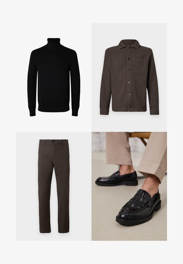 Schwarzer Langarm-Rollkragenpullover mit gerippten Bündchen und Saum, auf einem schlichten weißen Hintergrund dargestellt.; Braune Jacke mit Knöpfen und subtilem diagonalen Muster, Brusttasche auf der linken Seite, langen Ärmeln und umgeschlagenem Kragen.; Braune Hose aus einem strukturierten Stoff, mit geradem Bein, einem einzigen Knopfverschluss und minimalistischem Stil.; Schwarze Lederloafers mit glatter Oberfläche, ausgestattet mit einem dekorativen Riemen und Kontrastnähten, kombiniert mit beigen Hosen.