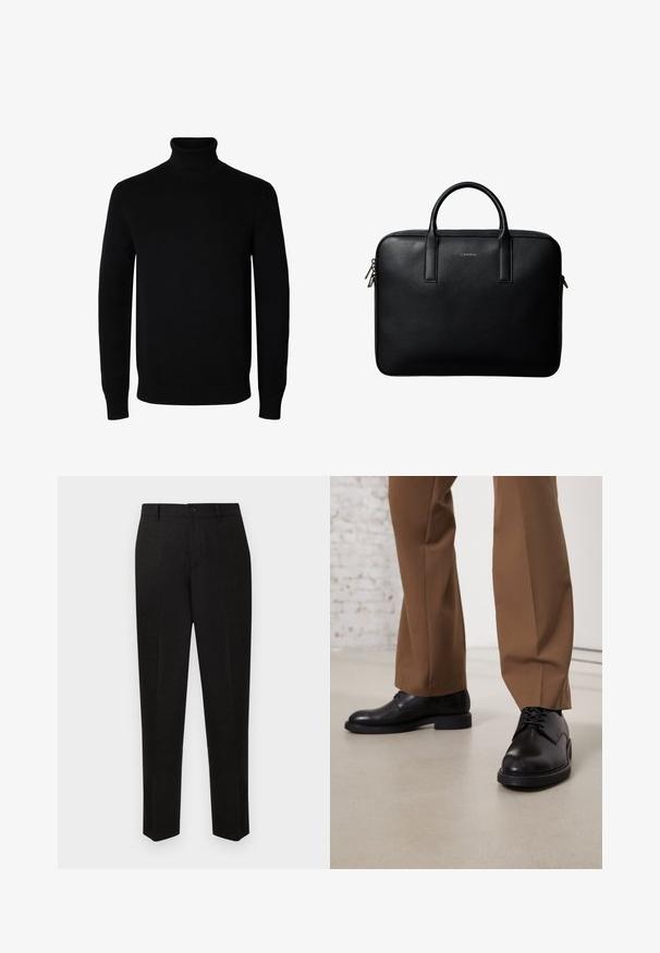 Schwarzer Langarm-Rollkragenpullover mit gerippten Bündchen und Saum, auf einem schlichten weißen Hintergrund dargestellt.; Schwarze, maßgeschneiderte Hosen mit geradem Bein, ausgestattet mit einem Knopfverschluss und feiner Textur. Keine sichtbaren Muster oder Akzente.; Schwarze Lederschuhe mit glatter Oberfläche und runder Zehenpartie, mit Schnürverschluss und einer flachen, niedrigen Sohle. Kombiniert mit braunen Hosen.; Schwarze strukturierte Lederaktentasche mit zwei Griffen und silbernen Reißverschlussanhängern, zentriert auf weißem Hintergrund.