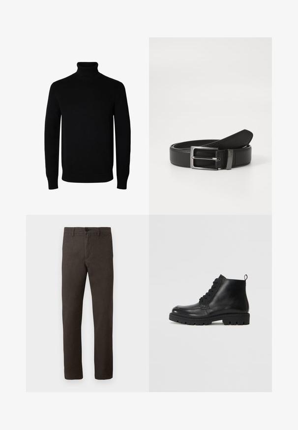 Pull noir à col roulé manches longues avec poignets et bas côtelés, présenté sur un fond blanc uni.; Pantalons bruns en tissu texturé, avec une coupe droite, une fermeture à bouton unique et un style minimaliste.; Bottines en cuir noir à bout rond, avec des lacets à l'avant et une semelle en caoutchouc texturée. Comprend une languette à l'arrière pour un enfilage facile.; Ceinture en cuir noir avec une boucle en métal argenté, présentant une finition lisse et un design classique. La ceinture est soigneusement pliée.