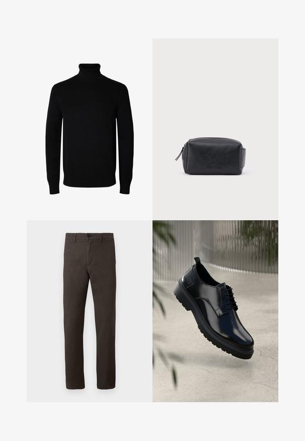 Schwarzer Langarm-Rollkragenpullover mit gerippten Bündchen und Saum, auf einem schlichten weißen Hintergrund dargestellt.; Braune Hose aus einem strukturierten Stoff, mit geradem Bein, einem einzigen Knopfverschluss und minimalistischem Stil.; Schwarzer Lederschuh mit glänzender Oberfläche, runder Spitze, Schnürdesign, kontrastierenden Nähten und einer dicken Gummisohle mit Profilmuster.; Schwarze, rechteckige Leder-Kosmetiktasche mit Reißverschluss und geprägt eingraviertem Markennamen auf der Vorderseite, vor einem schlichten weißen Hintergrund.