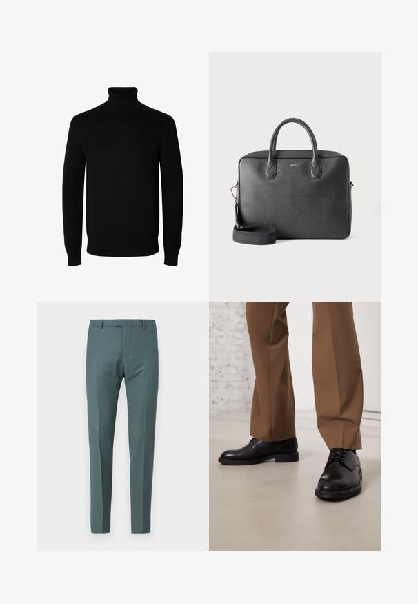 Pull noir à col roulé manches longues avec poignets et bas côtelés, présenté sur un fond blanc uni.; Pantalons ajustés de couleur bleu canard, avec une texture lisse, une coupe droite, une taille plate et des poches latérales.; Chaussures en cuir noir avec une surface lisse et un bout arrondi, dotées d'un système de laçage et d'une semelle plate et basse. Associées à un pantalon marron.; Serviette en cuir noire avec deux poignées supérieures, bandoulière détachable et petit logo BOSS centré à l'avant sur fond uni.