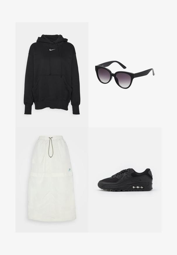 Must musternärvi, mis on valmistatud pehmest kangast, eese kangroo tasku, soonikkoes mansetid ja väike valge Nike logo rinna peal.; Kerge materjalist pikk valge seelik. Omab elastset vööd, nööri ja väikest sinist Nike logo alumises paremas nurgas.; Musthave mustusneakerid sileda nahk ja võrk, ümar nina, tekstuuriga aktsendid ja nähtav õhusüsteem tallas.; Mustad musta kassi silmadega päikeseprillid, millel on halli gradient-objektiiv. Paksemad, läikivad plastraamid ja kitsenevad käepidemed. Pole nähtavat brändi ega kaunistusi.