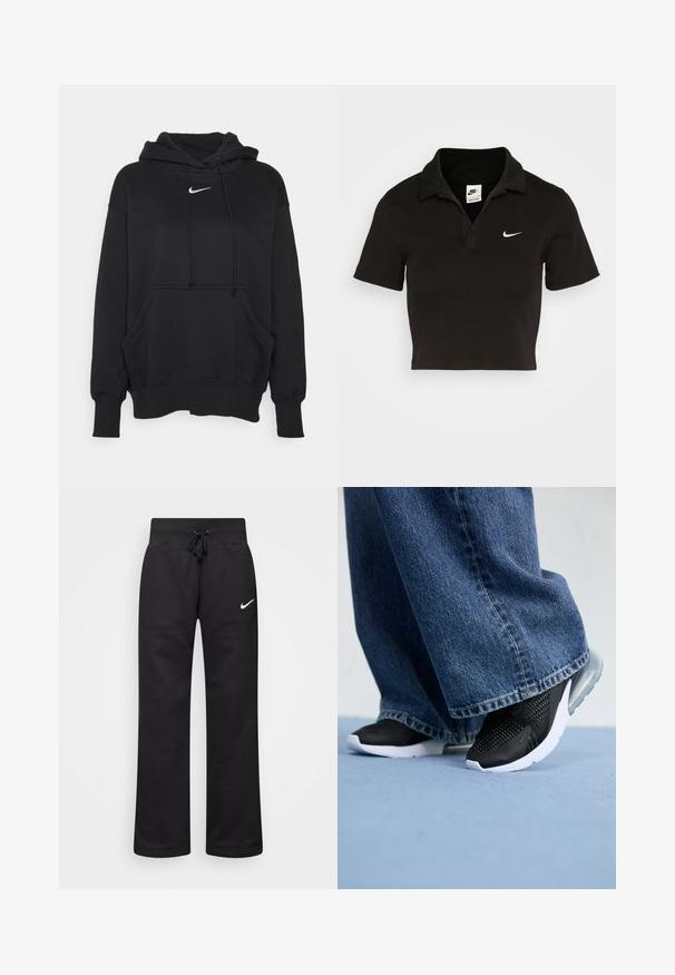 Must musternärvi, mis on valmistatud pehmest kangast, eese kangroo tasku, soonikkoes mansetid ja väike valge Nike logo rinna peal.; Musthave musta lühikese varrukaga puuvillane polo särk, traditsioonilise kraega. Vasakul rinnal on valge Nike'i logo.; Mustad puuvillasegistusega mustad dressipüksid, millel on paelaga vöökoht, sirged jalad ja vasakul küljel valge Nike logo.; Musthave mustad spordijalatsid, millel on võrgusilma detailid, valge tald ja nähtav õhupadi, koos siniste teksadega, millel on laiad säärted.