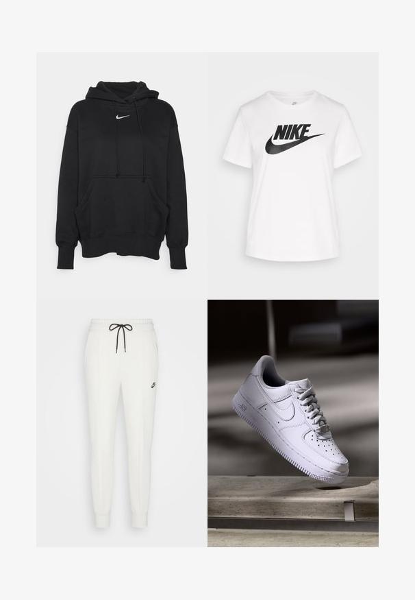Sweatshirt à capuche noir en tissu doux, avec une poche kangourou à l'avant, des poignets côtelés et un petit logo Nike blanc sur la poitrine.; T-shirt en coton blanc avec un col rond, des manches courtes et un grand logo Nike noir imprimé sur la poitrine. Texture lisse et design décontracté.; Pantalon de survêtement blanc en tissu doux, avec une taille élastique, un cordon noir ajustable et un petit logo noir sur la cuisse.; Baskets Nike Air Force 1 blanches lévitant au-dessus d'une surface en béton avec des ombres dans un cadre minimaliste.