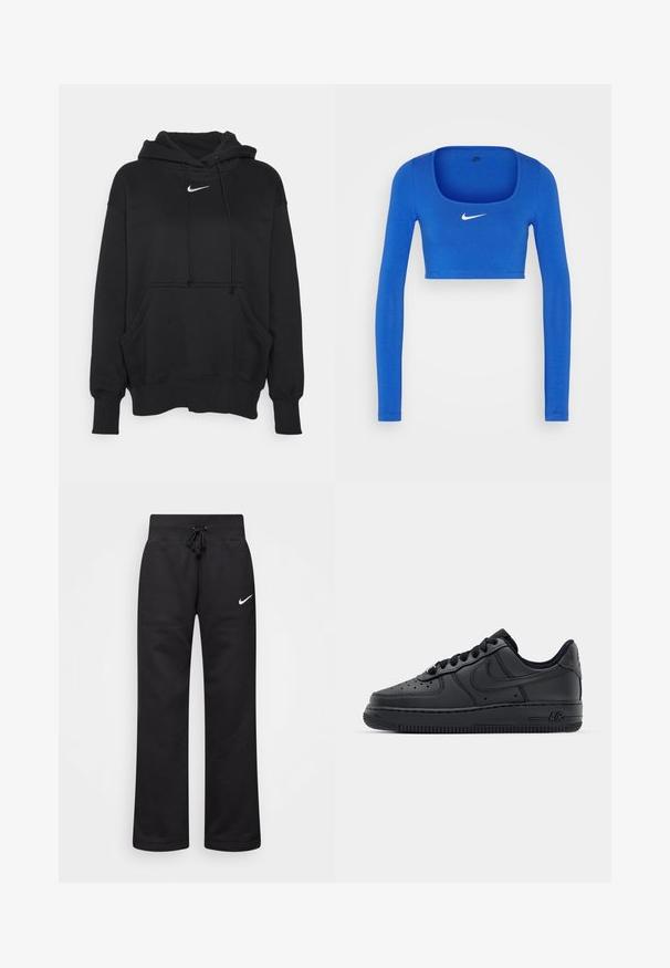 Čierna mikina s kapucňou vyrobená z mäkkej tkaniny, obsahujúca prednú kloktiacu vrecko, rebrované manžety a malé biele logo Nike na hrudi.; Nike Sportswear W NSW LS CROP TOP SW - Top s dlhým rukávom - game royal/phantom; Čierne tepláky vyrobené z bavlnenej zmesi, s elastickým pásom na šnúrku, rovnými nohavicami a bielym logom Nike na ľavej strane.; Čierne kožené tenisky s perforovanou špičkou, plochými šnúrami a gumovou podrážkou. Obsahujú malé logo na boku a textúrované detaily.