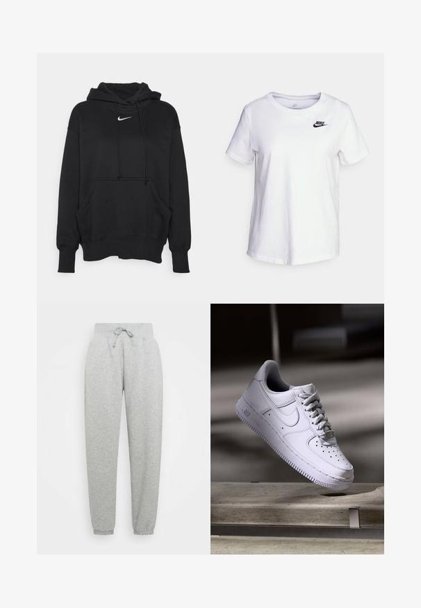 Schwarzer Kapuzenpullover aus weichem Stoff, mit einer vorderen Kängurutasche, gerippten Bündchen und einem kleinen weißen Nike-Logo auf der Brust.; Weißes Baumwoll-T-Shirt mit Rundhalsausschnitt und kurzen Ärmeln. Mit einem schwarzen Nike-Logo auf der oberen linken Brustseite.; Graue Sweatpants mit elastischem Bund, verstellbarem Kordelzug und gerippten Bündchen. Aus weichem Stoff; ausgestattet mit zwei Seitentaschen.; Weißer Nike Air Force 1 Sneaker schwebt über einer Betonoberfläche mit Schatten in einem minimalistischen Umfeld.