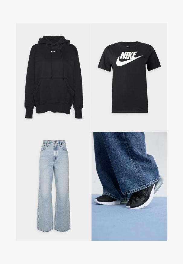 Must musternärvi, mis on valmistatud pehmest kangast, eese kangroo tasku, soonikkoes mansetid ja väike valge Nike logo rinna peal.; Must lühikeste varrukatega t-särk suure valge Nike'i logoga ja rinnal olevaga ühevärvilisel taustal.; Heledad sinine teksariie laiad püksid, millel on kõrge vöökoht, klassikaline viie tasku disain ja kontrastne niit. Tootmisprotsessist tulenev töötlemata serv alumises osas.; Musthave mustad spordijalatsid, millel on võrgusilma detailid, valge tald ja nähtav õhupadi, koos siniste teksadega, millel on laiad säärted.
