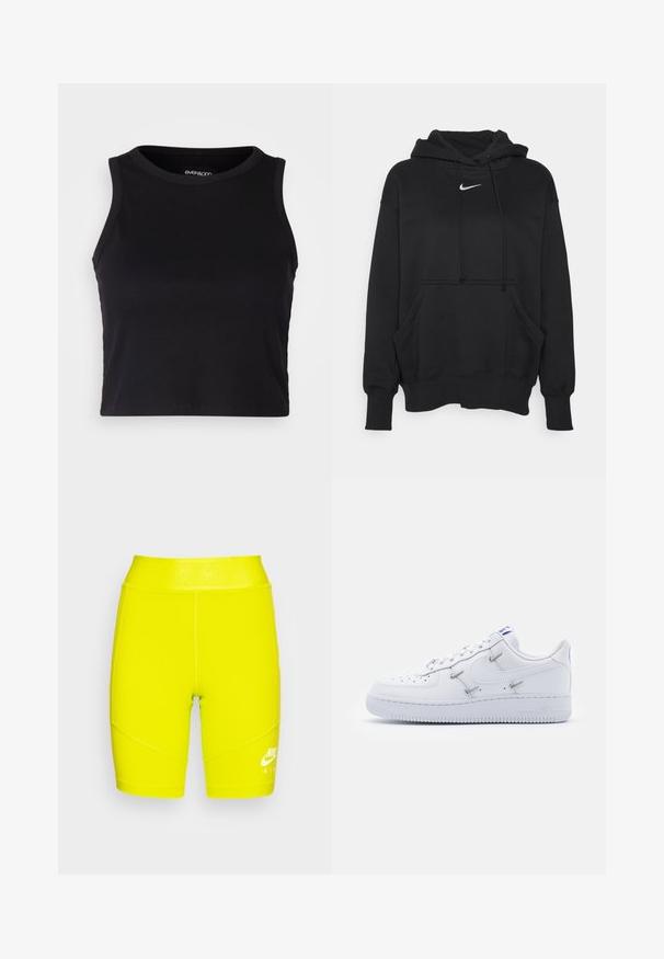 Sweatshirt à capuche noir en tissu doux, avec une poche kangourou à l'avant, des poignets côtelés et un petit logo Nike blanc sur la poitrine.; Top court noir à côtes avec un col rond et un design sans manches. Fabriqué en tissu doux et extensible, avec des bords ourlés propres.; Shorts de sport taille haute jaunes en matériau extensible, avec le logo et le texte Nike blancs sur la ceinture, présentant des motifs de couture détaillés.; Nike Sportswear AIR FORCE 1 - Baskets basses - white/hyper royal/black