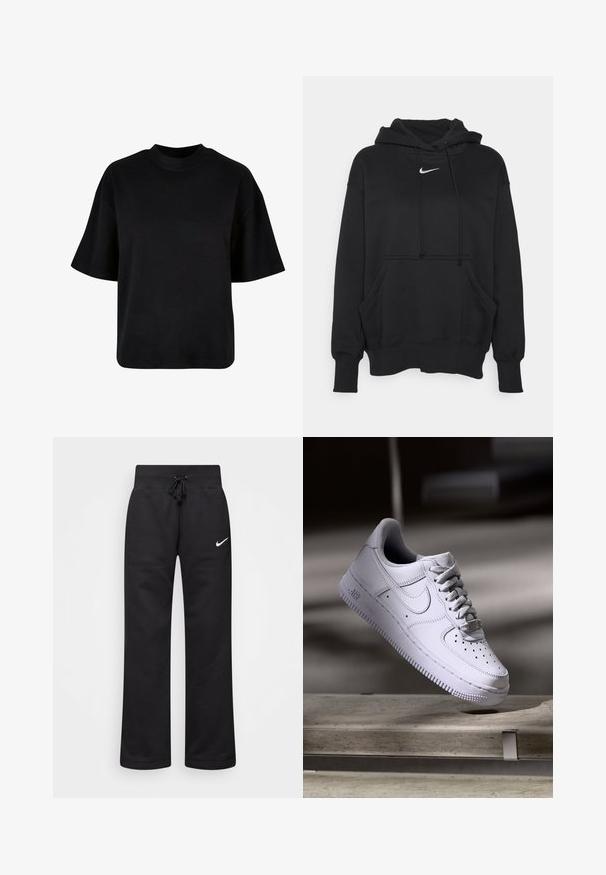 Sort hættetrøje lavet af blødt stof, med en frontkanguru lomme, ribbede håndled og et lille hvidt Nike-logo på brystet.; Sort bomulds t-shirt med høj hals, korte ærmer og en løs, boxy pasform uden synlige mønstre eller accenter.; Sorte sweatpants lavet af en bomuldsblanding, med en snøre i taljen, lige ben og et hvidt Nike-logo på venstre side.; Hvid Nike Air Force 1 sneaker svævende over en betonoverflade med skygger i et minimalistisk miljø.