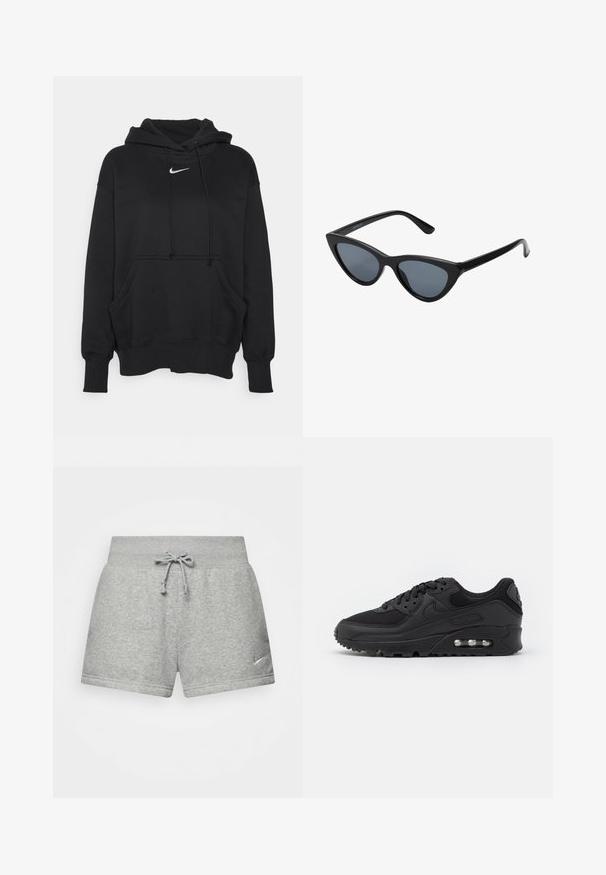 Must musternärvi, mis on valmistatud pehmest kangast, eese kangroo tasku, soonikkoes mansetid ja väike valge Nike logo rinna peal.; Hallid hallid spordipüksid pehmest kangast, elastse talje ja paelaga, madalamal vasakul küljel väike Nike logo.; Musthave mustusneakerid sileda nahk ja võrk, ümar nina, tekstuuriga aktsendid ja nähtav õhusüsteem tallas.; Mustad musta kassi silmadega päikeseprillid tumedate hallide läätsedega, stiilne plastraam, teravad nurgad ja sirged kaared. Nähtavad metallist osad või aksessuaarid puuduvad.