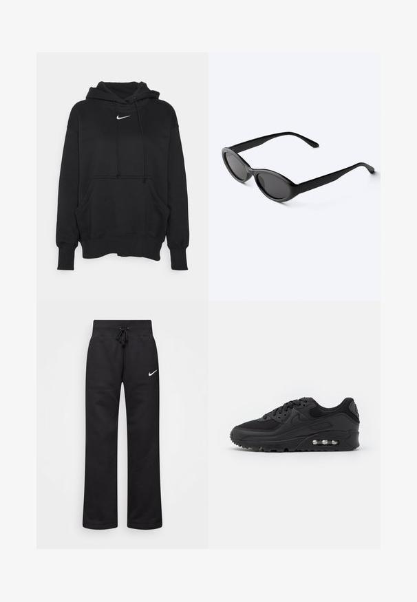 Sort hættetrøje lavet af blødt stof, med en frontkanguru lomme, ribbede håndled og et lille hvidt Nike-logo på brystet.; Sorte sweatpants lavet af en bomuldsblanding, med en snøre i taljen, lige ben og et hvidt Nike-logo på venstre side.; Sort atletisk sneakers med en glat læder- og mesh-overdel, rund tå, teksturerede detaljer og en synlig luftenhed i sålen.; Slanke sorte ovale solbriller med mørke linser og lige arme, hvilende på en hvid overflade.