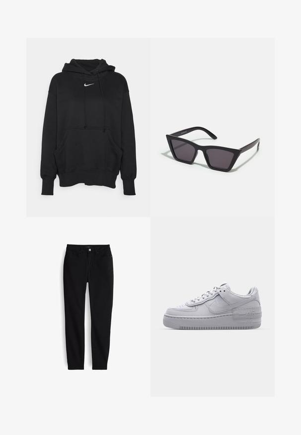 Schwarzer Kapuzenpullover aus weichem Stoff, mit einer vorderen Kängurutasche, gerippten Bündchen und einem kleinen weißen Nike-Logo auf der Brust.; Schwarze Slim-Fit-Jeans mit Knopf- und Reißverschluss vorne, fünf Taschen und Gürtelschlaufen, flach auf weißem Hintergrund ausgebreitet.; Graue Nike Air Force 1 Sneaker mit perforierter Zehenpartie, Obermaterial aus glattem Leder, dicker Sohle und geprägtem 'AIR'-Detail an der Ferse.; Schwarze, eckige Sonnenbrille mit grauen Gläsern; aus Kunststoff gefertigt, mit dicken Bügeln, die eine glatte Oberfläche und keine sichtbaren Beschläge haben.