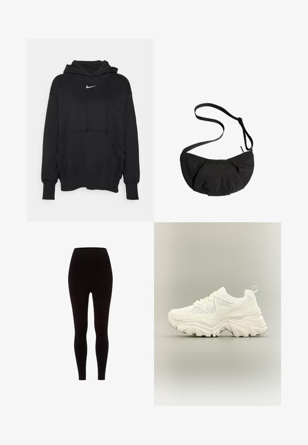 Zwarte hoodie gemaakt van zacht materiaal, met een voorzak in kangoeroestijl, geribbelde manchetten en een klein wit Nike-logo op de borst.; Zwarte leggings van rekbaar materiaal, met een hoge taille, een gladde textuur en een aansluitend ontwerp, zonder enige patronen of versieringen.; Witte chunky sneaker met dikke textuurrijke zool, mesh panelen, veters aan de voorkant en een treklipje aan de hiel op een neutrale achtergrond.; Zwart halve maanvormige crossbodytas met verstelbare riem en geplooide stofdetails tegen een witte achtergrond.