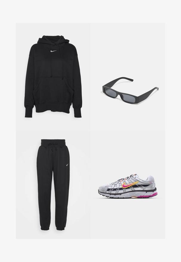 Must musternärvi, mis on valmistatud pehmest kangast, eese kangroo tasku, soonikkoes mansetid ja väike valge Nike logo rinna peal.; Mustad mustad joggingupüksid pehmest puuvillasegust, millel on elastne vöökoht ja pael ning elastsed mansetid. Nike logo vasakul reiel.; Hall grey võrksuss, millel on silmapaistev roosa ja kollane logo, mustad detailid ja tekstuuriga kummitald. Omab tugevdatud varbakaitset ja pehmendatud krae.; Mustad ristkülikukujulised prillid tumepruunide objektiividega ja paksude mattmustade raamidega. Raamide varred on veidi kitsenenud ja neil on sile tekstuur.