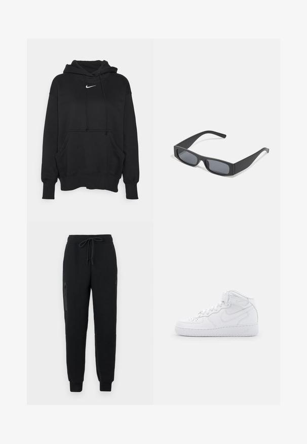 Sort hættetrøje lavet af blødt stof, med en frontkanguru lomme, ribbede håndled og et lille hvidt Nike-logo på brystet.; Sorte sweatpants med snoretræk i taljen, lynlåslomme i siden og tætsiddende nederste kant. Fremstillet af blødt, struktureret stof.; Hvide høj-top sneakers lavet af læder med polstret krave, perforeret tå, snørebånd og justerbar ankelrem; logo på siden.; Sorte rektangulære solbriller med mørke linser og tykke matte stel. Armen er let tilspidset med en glat overflade.