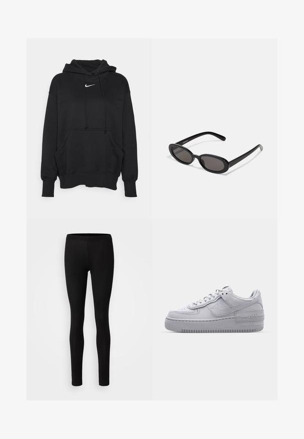 Sort hættetrøje lavet af blødt stof, med en frontkanguru lomme, ribbede håndled og et lille hvidt Nike-logo på brystet.; Sorte leggings lavet af et blødt, strækbart stof. De har en tætsiddende pasform med elastisk talje og en glat, mat overflade.; Grå Nike Air Force 1 sneakers med perforeret tå, glat læderoverdel, tyk sål og præget 'AIR' detalje på hælen.; Even&Odd Solbriller - black