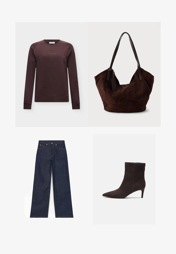 Langärmliges dunkelbraunes Sweatshirt mit Rundhalsausschnitt und kleinem zentriertem Text "Marc O'Polo DENIM" vorne.; Dunkelblaue Jeans mit weitem Bein, vorne mit Knöpfen, Reißverschluss sowie Taschen vorne und hinten, flach liegend auf weißem Hintergrund dargestellt.; Braune Wildleder-Ankelstiefel mit spitzem Zehenbereich und 7,5 cm Absatz, ausgestattet mit einer glatten Textur und minimalistischen Design. Reißverschluss auf der Rückseite.; Braune Wildleder-Handtasche mit einer weichen, lässigen Form. Verfügt über Ledergriffe und einen Etikettenakzent. Schlichte Textur mit geschwungenen Nähten.