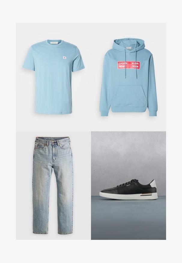Hellblaue Kapuzenjacke mit einer vorderen Tasche, die ein auffälliges rotes rechteckiges Grafikdesign mit dem Text "CALVIN KLEIN NEW YORK" in Weiß zeigt. Verstellbare Kapuze.; Helles blaues Baumwoll-T-Shirt mit kurzen Ärmeln, rundem Halsausschnitt und kleinem Logopatch auf der linken Brust. Glatte Textur und schlichte Gestaltung.; Helle blaue Jeans mit hoher Taille, Frontknopf, Reißverschluss und fünf Taschen-Design, flach auf einem neutralen Hintergrund ausgelegt.; Schwarze Ledersneaker mit weißer Sohle, ausgestattet mit Perforationen, Schnürdesign, Logo an der Seite und kontrastierenden Fersendetails in Weiß und Braun.